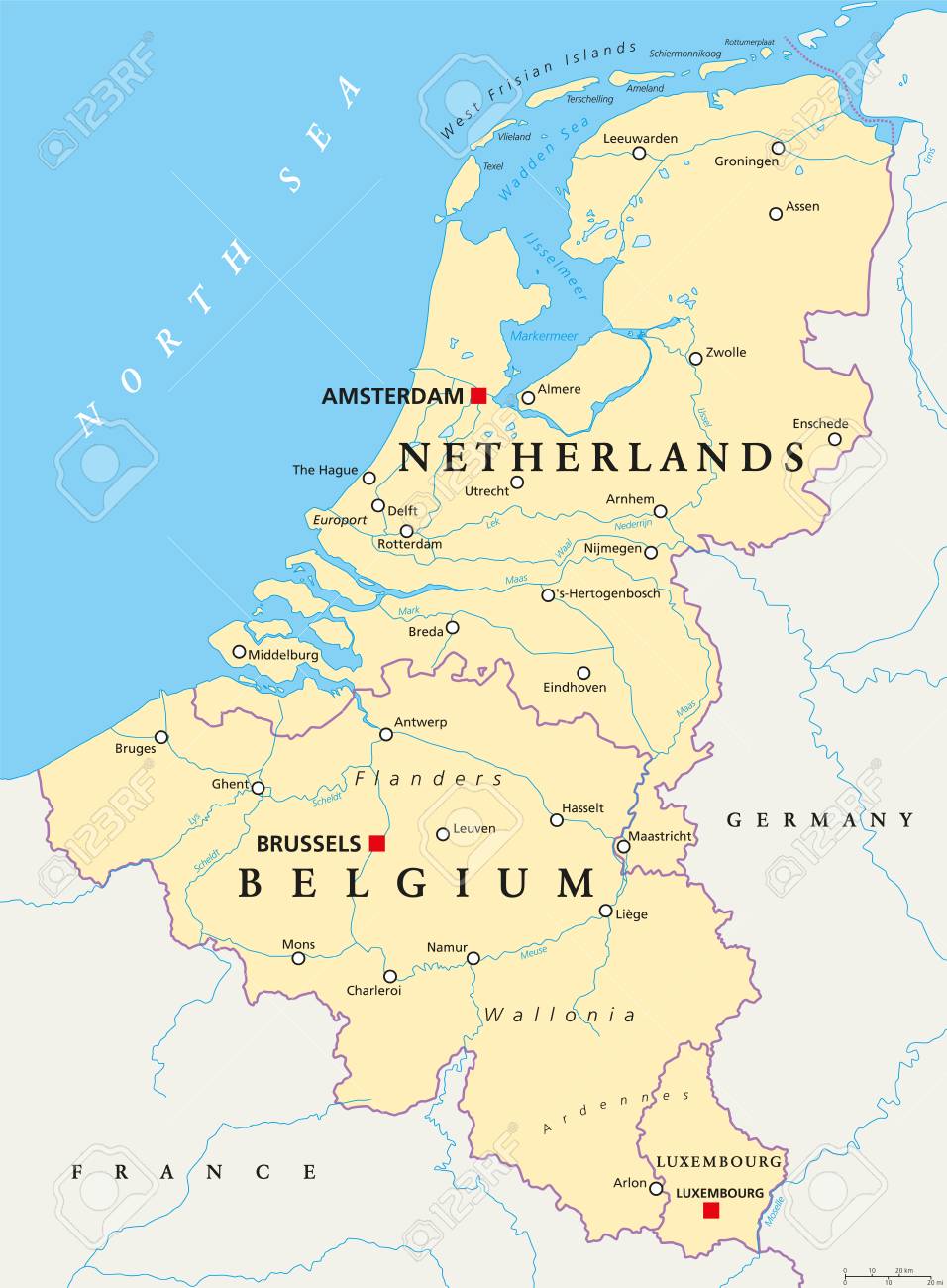 Benelux Union, Belgium, Netherlands and Luxembourg, map